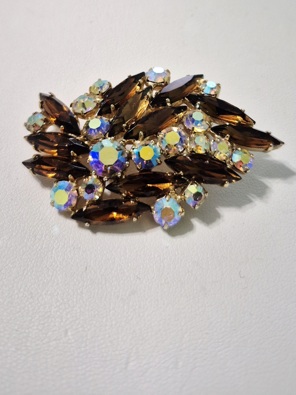Golden Amber and Aurora Crystal Cluster Brooch
